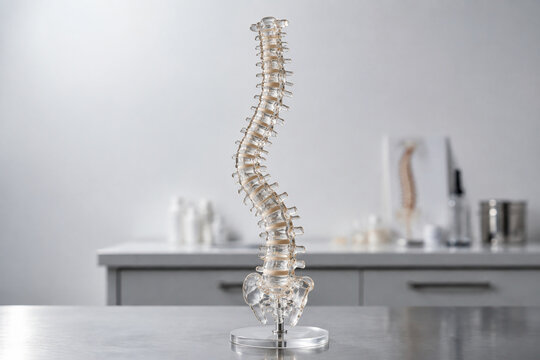 Translucent anatomical model of human spine with lateral S-curve on steel table, scoliosis and medical education concept