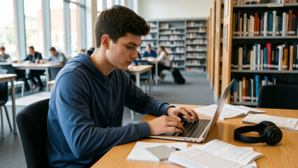 Obraz premium Focused university student using a laptop at a quiet library table surrounded by books representing academic research digital learning concentration education and independent study