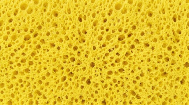 A close-up image of a bright yellow sponge. The sponge has a porous texture with many small holes.