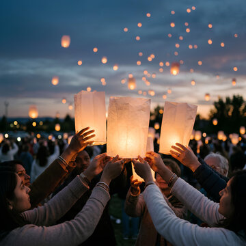 People releasing sky lanterns at dusk celebrating a festival with floating lights