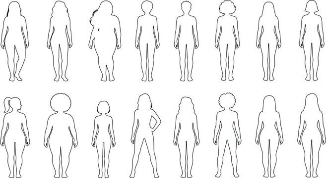 Diverse female body shape line art vector collection showing varied body types and silhouettes