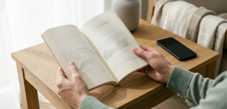 A person reading a book while sitting at a wooden table. The scene includes a vase, a phone, and a cozy atmosphere with soft lighting.