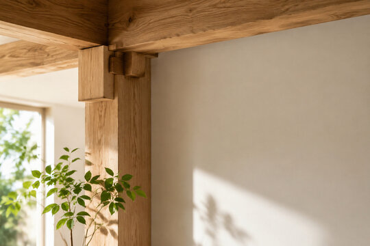Light oak column with wooden joint and green plant, interior architecture concept