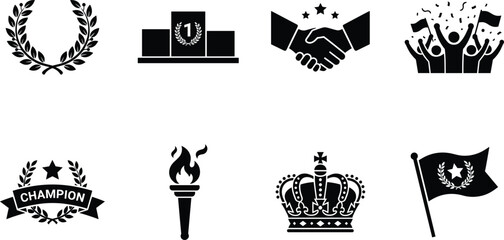 Naklejka premium Achievement and victory silhouette collection featuring champion award, handshake, celebration, trophy, crown, torch, and flags