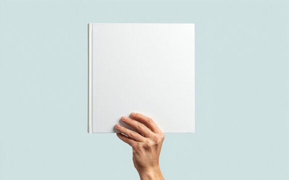 Hand holding a blank square book cover mockup