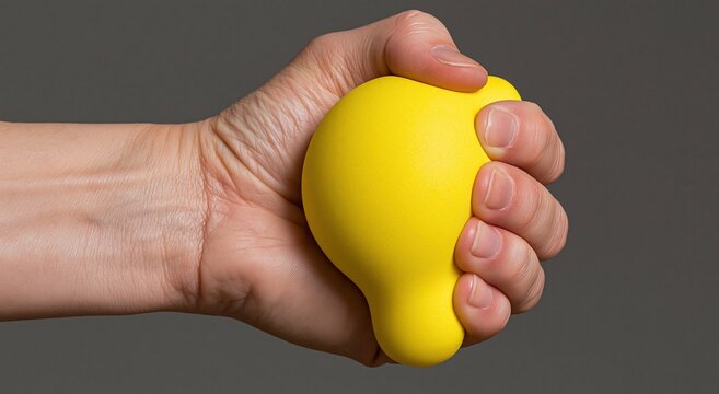 Hand gripping a yellow stress relief ball to squeeze and release tension for mental health and anxiety management