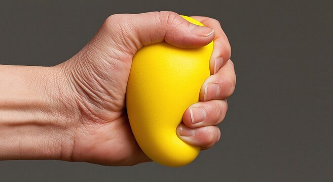Hand squeezing a yellow stress ball for tension relief and relaxation therapy to improve grip strength and exercise