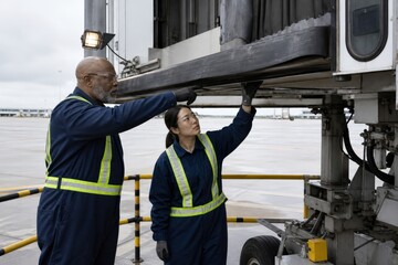Fototapeta premium Airport Jet Bridge Maintenance Senior Technician Apprentice Boarding