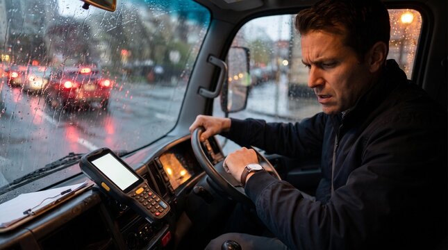 Focused professional driver meticulously checking his watch inside a commercial van, navigating busy urban traffic amidst challenging rainy weather conditions to ensure timely deliveries
