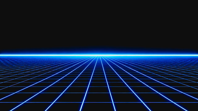 A neon blue retro perspective grid with glowing lines on a dark, minimalist sci-fi background.