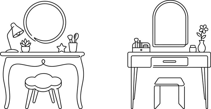 Set of two hand drawn dressing tables with mirrors and stools for bedroom interior design sketches