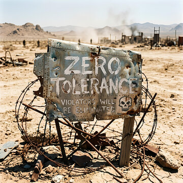 Post apocalyptic wasteland with zero tolerance sign and barbed wire