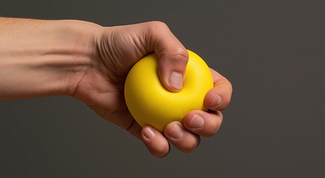 Stress relief with a yellow hand squeezing ball for mental health therapy to relax anxiety and calm tension exercise