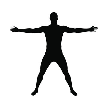 Man standing in wide t pose position black shape silhouette isolated on white background
