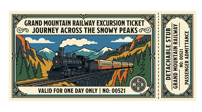 Vintage Train Ticket: Grand Mountain Railway Excursion Across Snowy Peaks