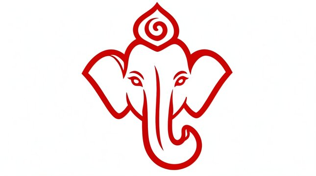 Elegant Red Lord Ganesha Line Art Symbol on White Background