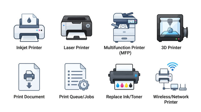 Collection of modern printer types and printing service management vector icons for office technology