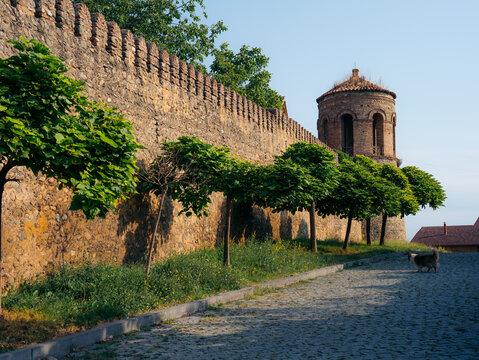View of the historic stone walls and defensive tower of Batonis Tsikhe fortress with a cobblestone path and trees in Telavi, Kakheti, Georgia.