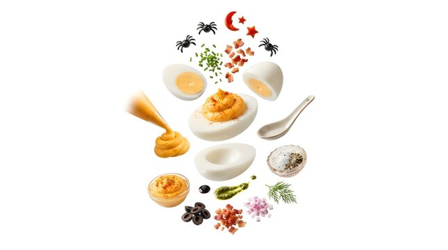 Floating deviled eggs ingredients for Halloween party food preparation on white background
