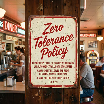 Retro Diner with Zero Tolerance Policy Sign Vintage Style