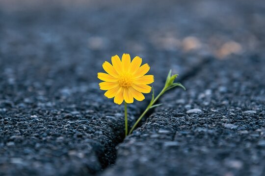 Flower dandelion growing through a crack in gray asphalt representing hope resilience and nature in urban pavement