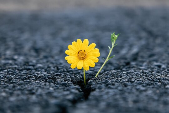 Flower yellow bloom growing from asphalt crack showing resilience hope and nature strength in urban pavement life