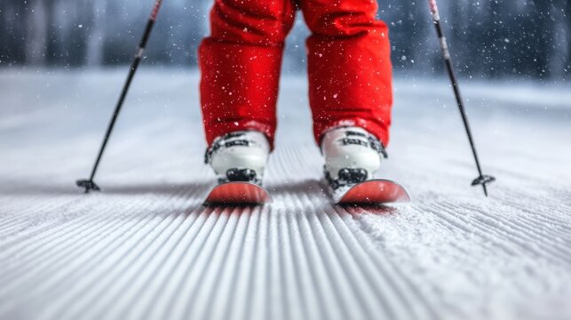 A skier in red pants stands on groomed snow with ski poles, ready for action in a wintry setting.