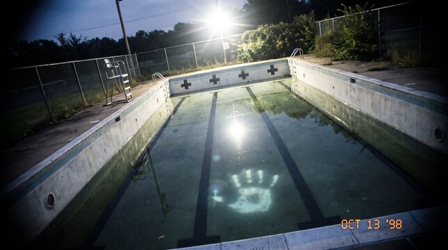Abandoned swimming pool photo with unexplained ripples forming on murky water