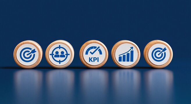 Kpi and business strategy blocks showing growth performance metrics target goal analytics management success data