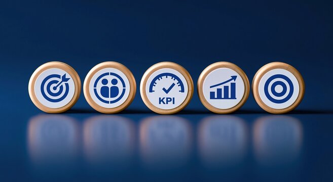 Kpi business strategy icons on wooden blocks for performance management growth success goal target analysis metrics