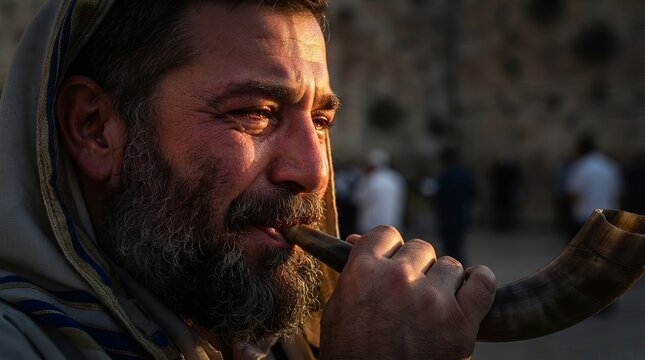 Bearded jewish man in prayer shawl blowing shofar horn at western wall in jerusalem. Religious tradition and faith. Rosh hashanah and yom kippur holiday celebration. Close up portrait at sunset