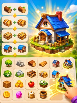 Bright 3D fantasy crafting game interface showing the progression of wooden resources into bundles, building materials, and a charming blue-roofed house with an inventory panel.