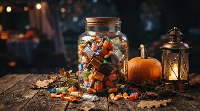 Glass jar full of colorful candy with pumpkin and lantern at night