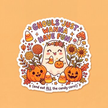 Halloween Ghost Illustration with Pumpkins, Candy Corn, and Fall Elements