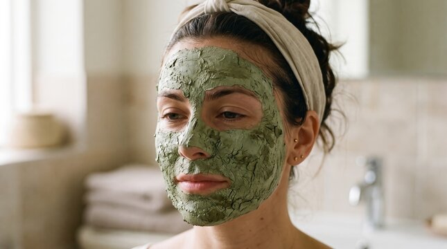 Young woman with green face mask