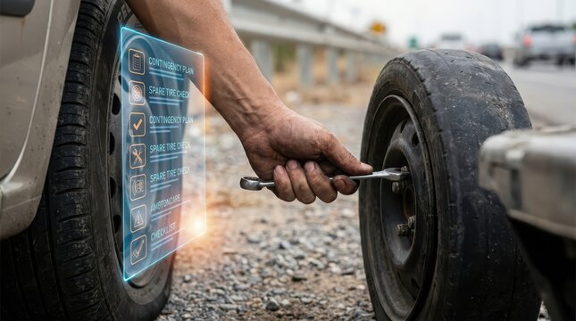 Person changing a car tire with a digital contingency plan overlay on screen