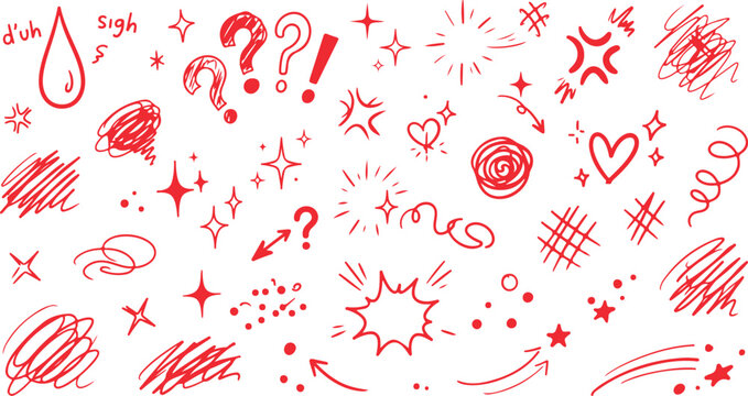 Hand drawn red doodles and symbols including questions, hearts, and scribbles.