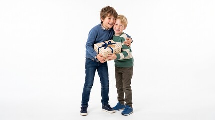 Fototapeta premium Two happy brothers hugging and holding a gift box together on a white background