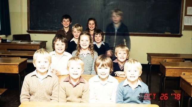 Candid group photo with one extra unexplained shadow cast on the wall behind