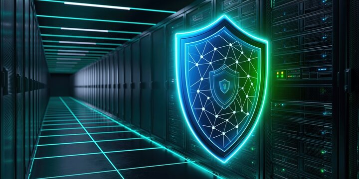 Cybersecurity shield protecting digital network data in a high tech server room infrastructure and cloud security
