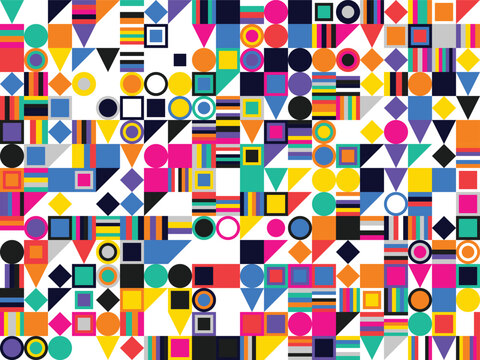 Modern geometric mosaic vector pattern with bright multicolor blocks shapes on transparent grid base for stylish apparel decoration.