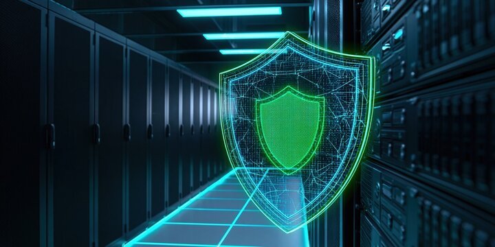 Cybersecurity concept with a digital shield icon protecting data in a modern cloud server network infrastructure