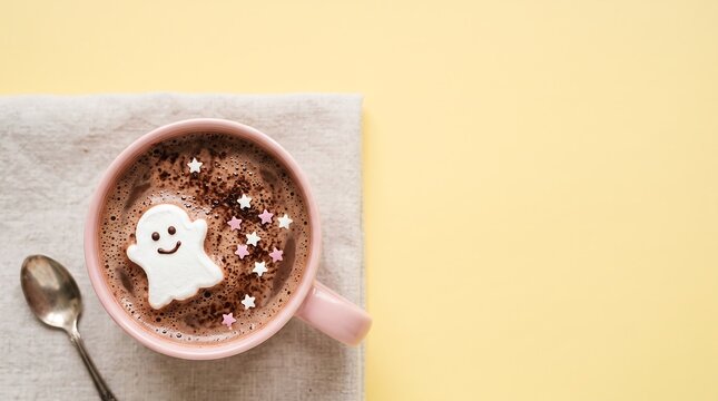 Cute Ghost Marshmallow in Hot Chocolate on Pastel Yellow Background