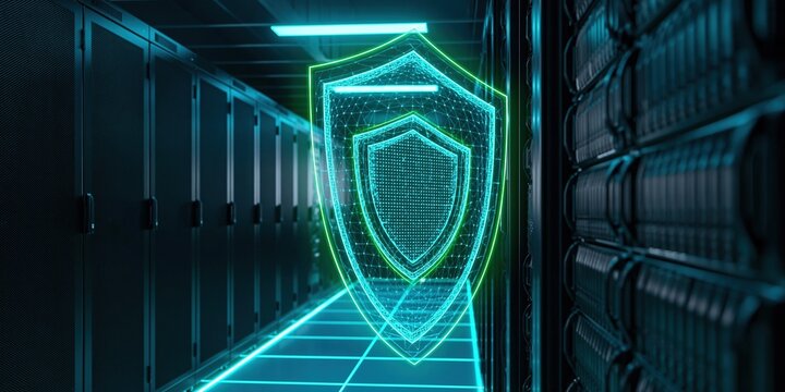 Security and cybersecurity concept with a glowing digital shield icon inside a high tech data server infrastructure