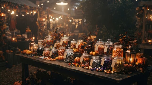 Glass jars with snacks and candy on a wooden table with warm fairy lights