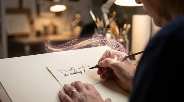 Person writing elegant wedding invitation calligraphy with decorative flourishes and ink pen