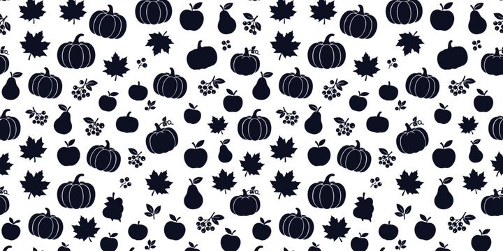 Seamless pattern with hand drawn black pumpkins and autumn leaves on a white background for seasonal fall designs