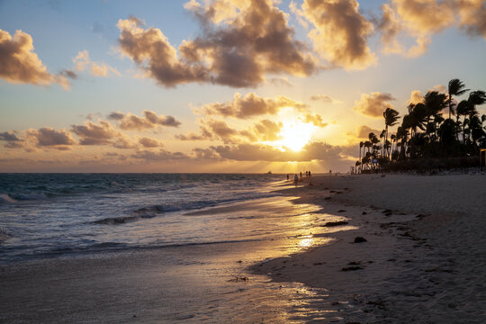 Golden sunset lights a tropical beach and palm trees as people walk along the shoreline, casting long silhouettes on wet sand and reflecting warm hues across gentle ocean waves and clouds
