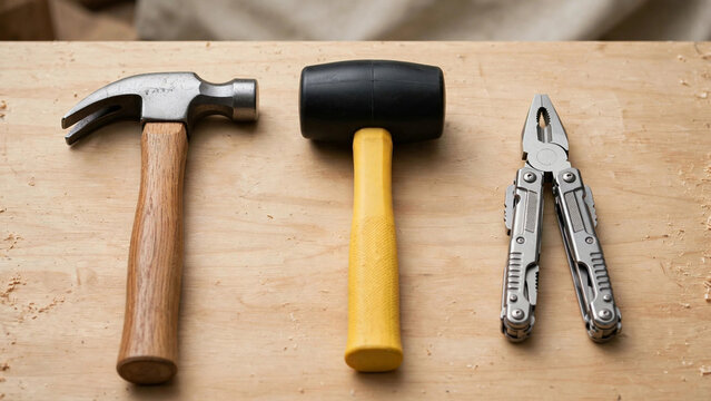 Claw hammer, rubber mallet, and pliers arranged on wooden workbench