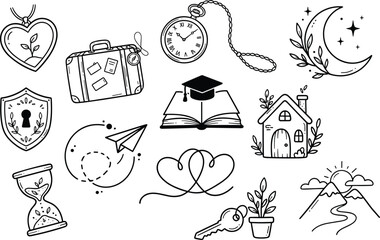 Fototapeta premium Mystical Hand-Drawn Doodle Line Art Vector Collection with Pocket Watch Crescent Moon Suitcase Lock and Botanical Symbols
